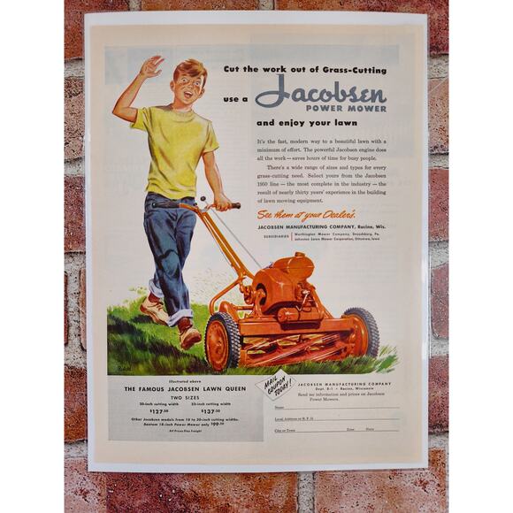 1950 Jacobsen Power Mower Smiling Waving Boy Enjoying Mowing Lawn Vtg Print Ad - Picture 6 of 6